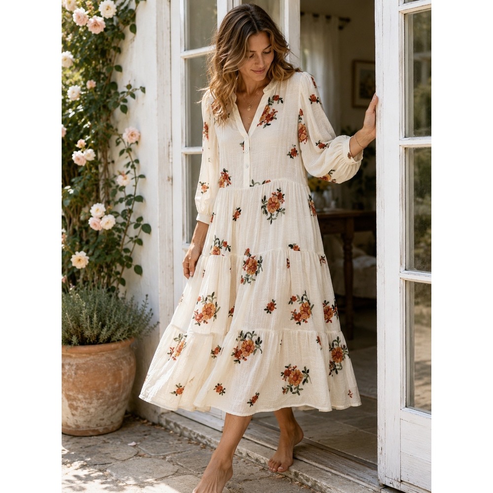 Figueroa & Flower Embroidered Floral Tiered Gauze Midi Dress Boho Cottagecore XL